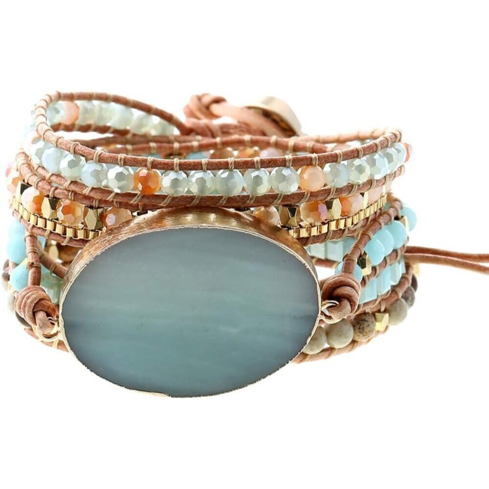 Women Boho Leather Bead Wrap Bracelet with Amazonite Natural Stone - Picture 1 of 6